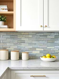White Cabinets White Gray Veined Marble Countertops with Glass Subway Tile BA5565