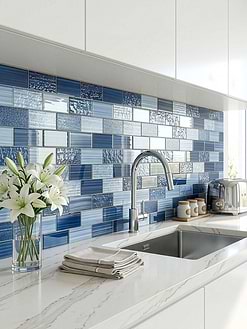 White Cabinets White Soft Gray Veined Quartz Countertops with Blue Glass Subway Tile BA5530