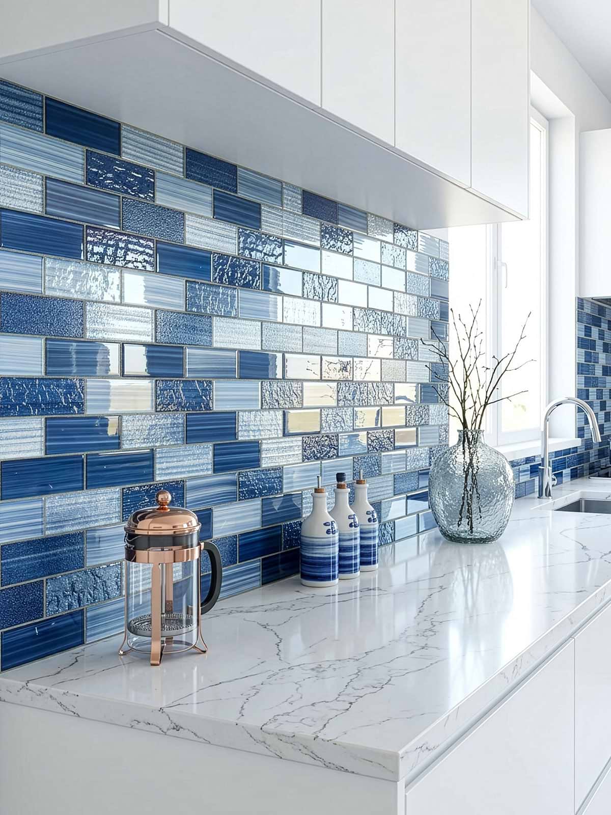 White Cabinets White Subtle Gray Veined Quartz Countertops with Blue Glass Subway Tile BA5530