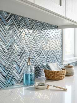 White Cabinets White Subtle Gray Veined Quartz Countertops with Blue Herringbone Tile BA5525