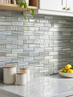 White Cabinets White Subtle Veined Quartz Countertops with Glass Subway Tile BA5565