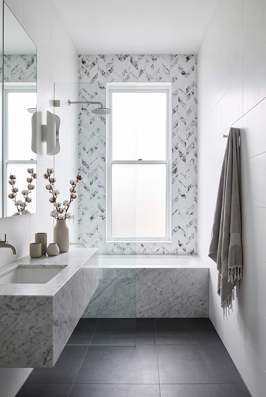 White Chevron Glass Bathroom Accent Wall Tile BA5506