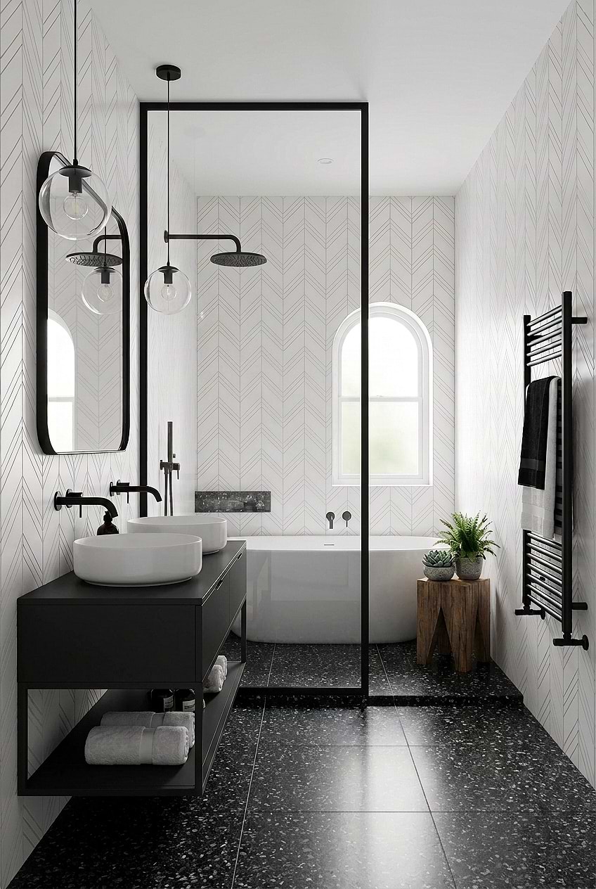 White Chevron Marble Bathroom Walls BA6301