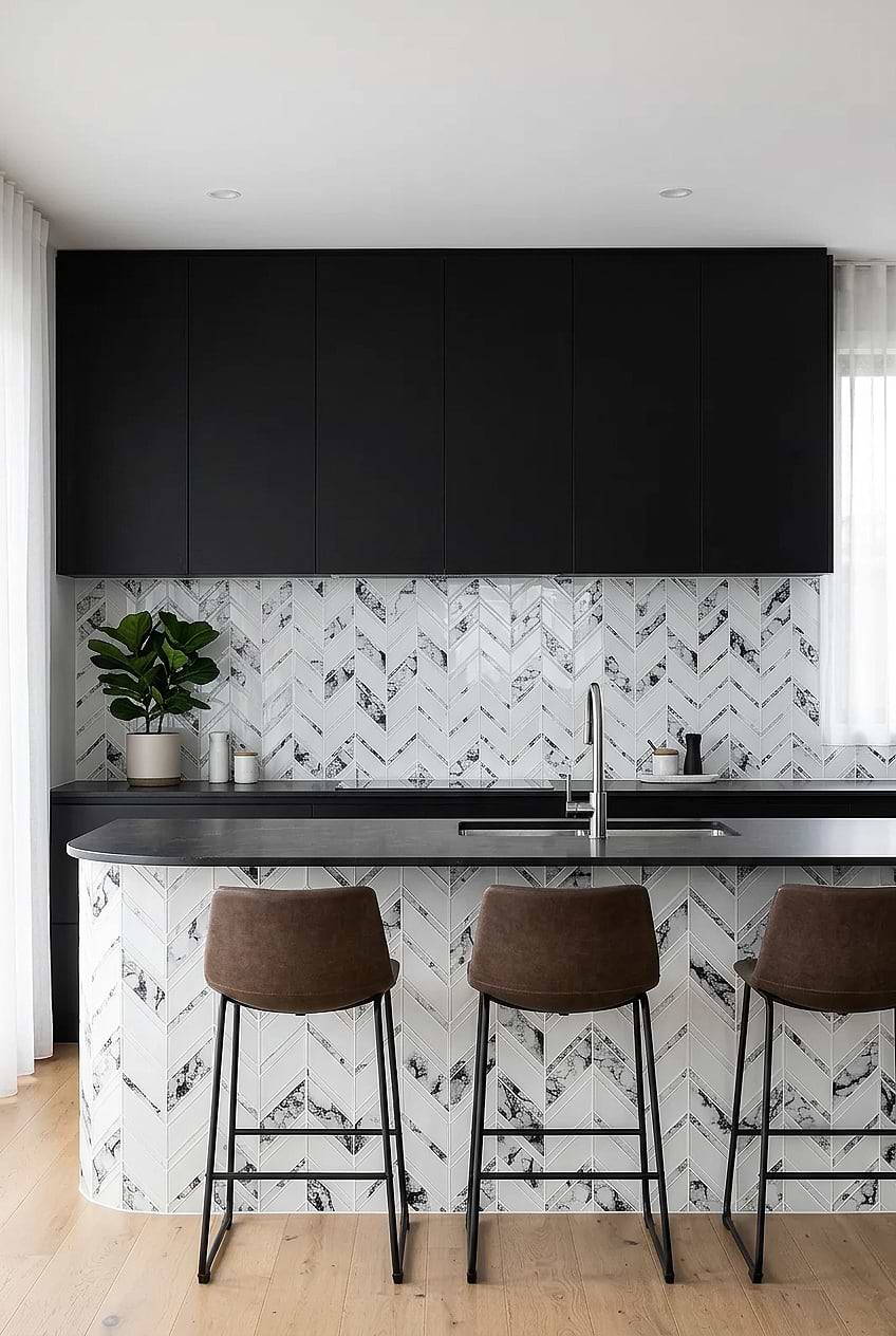 White Chevron Marble Glass Kitchen Tile BA5506