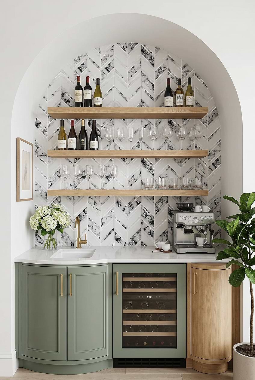 White Chevron Marble Look Arched Bar BA5506