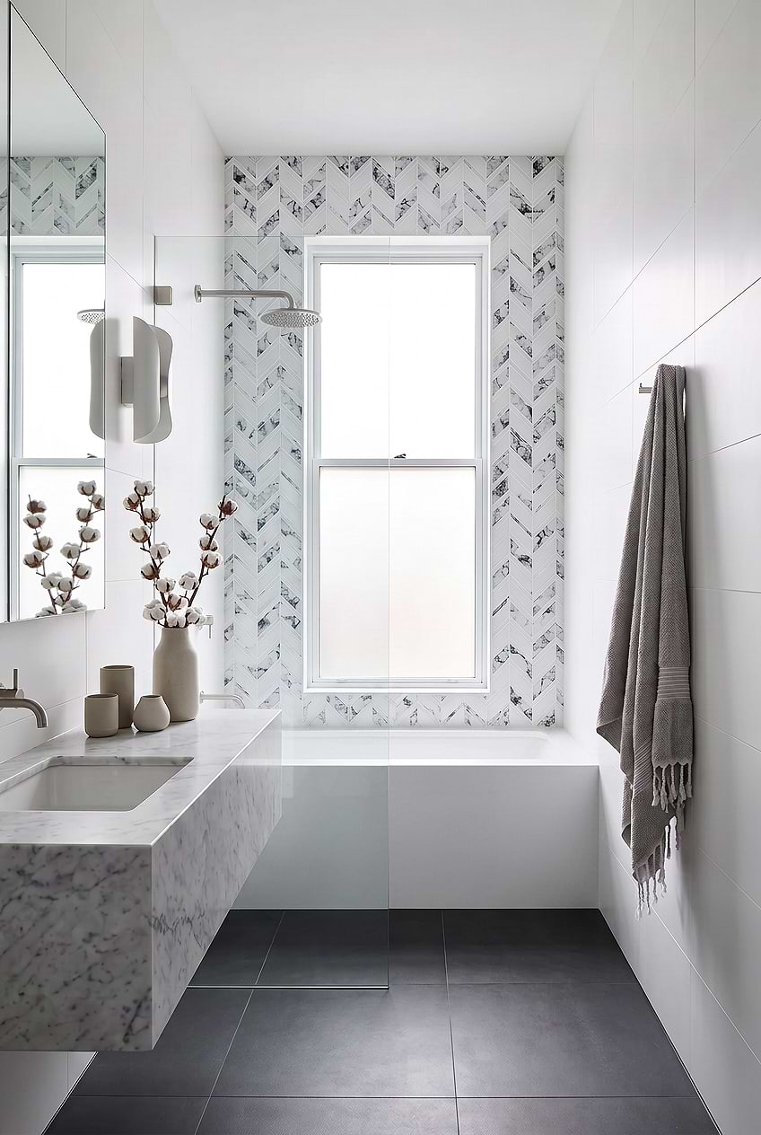 White Chevron Marble Look Glass Shower BA5506 White Chevron Marble Look Glass Shower BA5506
