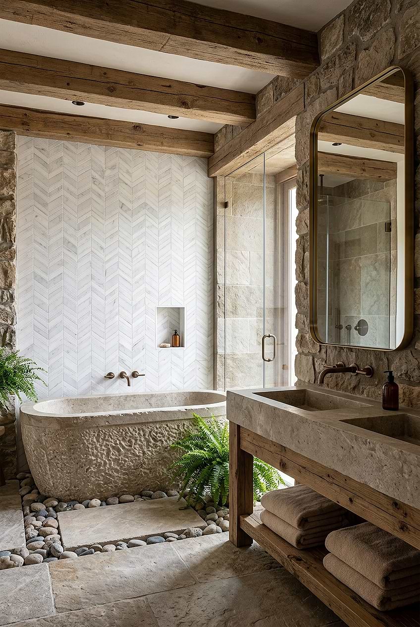 White Chevron Marble Rustic Bathroom BA6311