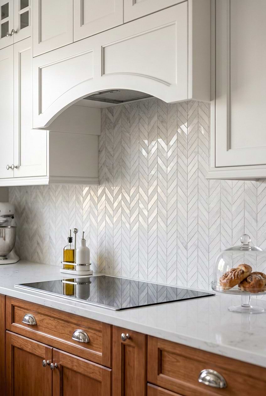 White Chevron Tile for Cherry Wood Kitchen BA631613 White Chevron Tile for Cherry Wood Kitchen BA631613