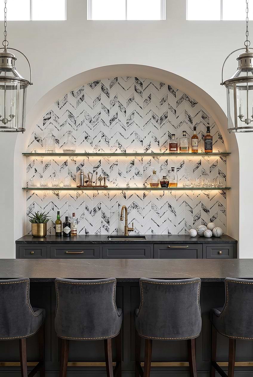 White Chevron Tiled Home Bar BA5506