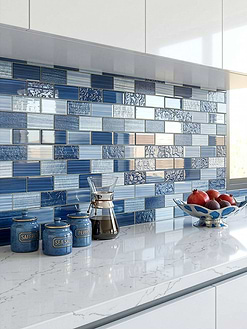 White Flat Panel Cabinets White Delicate Gray Veined Quartz Countertops with Blue Glass Subway Tile BA5530