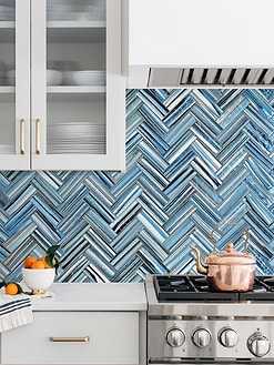 White Glass Front Cabinets White Solid Quartz Countertops with Blue Herringbone Tile BA5525