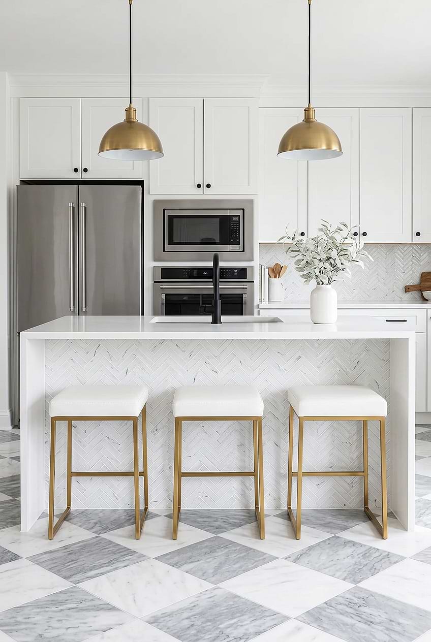 White Glass Herringbone Marble Kitchen BA5503