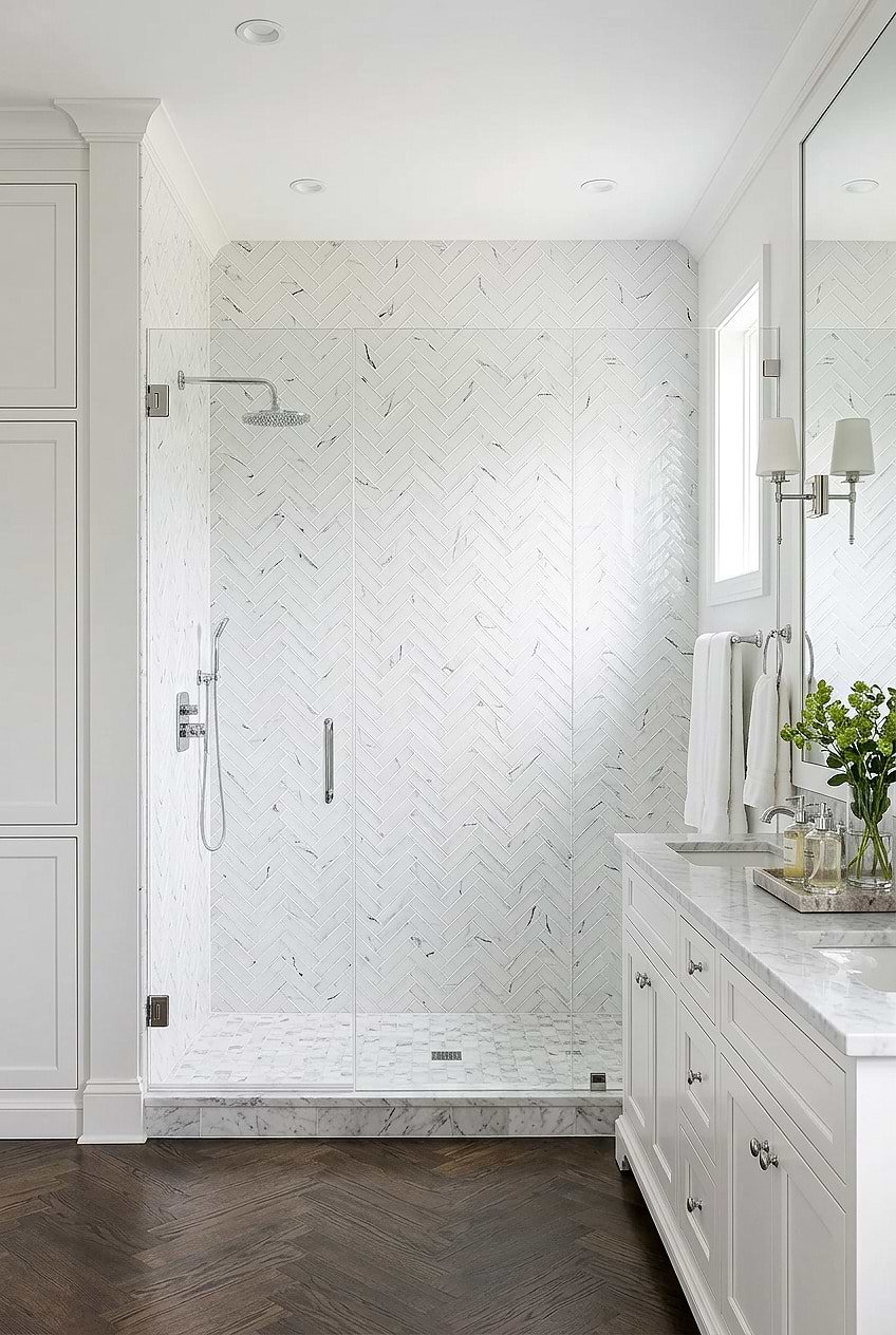 White Glass Herringbone Marble Shower Wall BA5503 White Glass Herringbone Marble Shower Wall BA5503