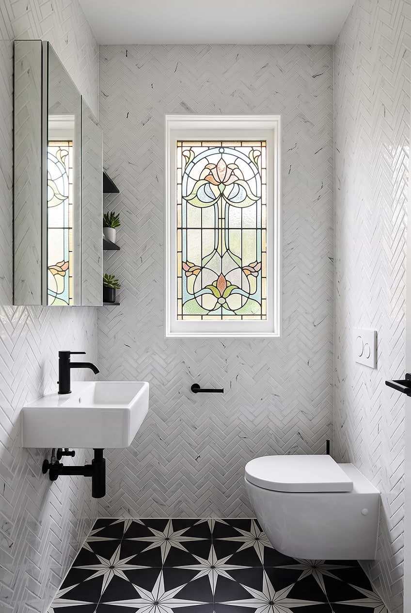 White Glass Herringbone Powder Room Tile BA5503