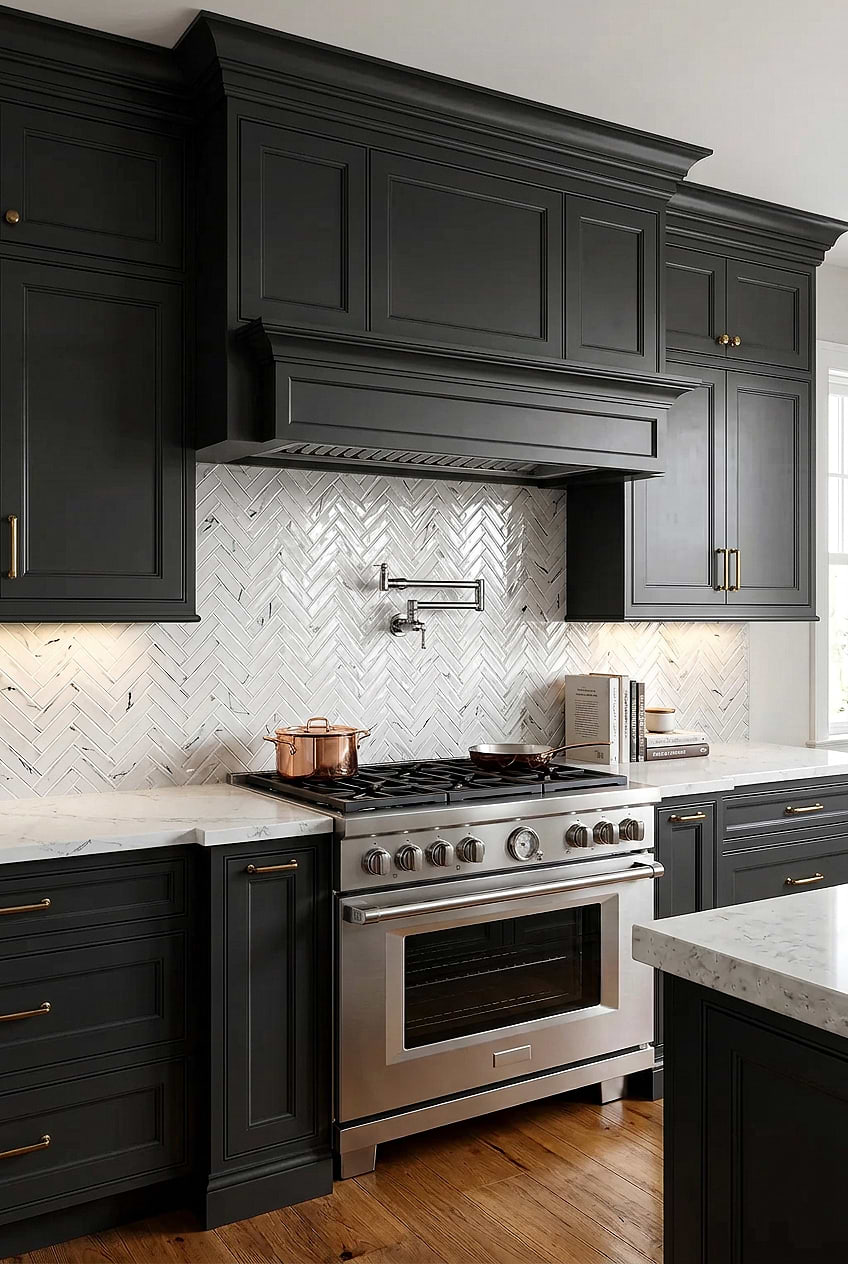 White Glass Herringbone for Charcoal Kitchen BA5503