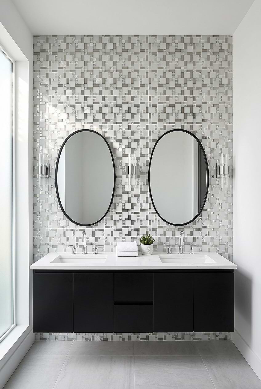 White Glass Metal Double Vanity Tile BA1138