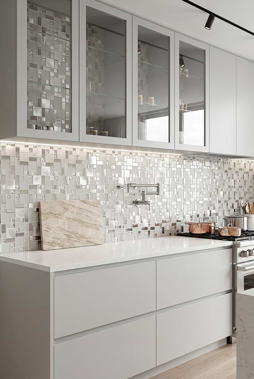 White Glass Metal Mosaic Kitchen BA1138