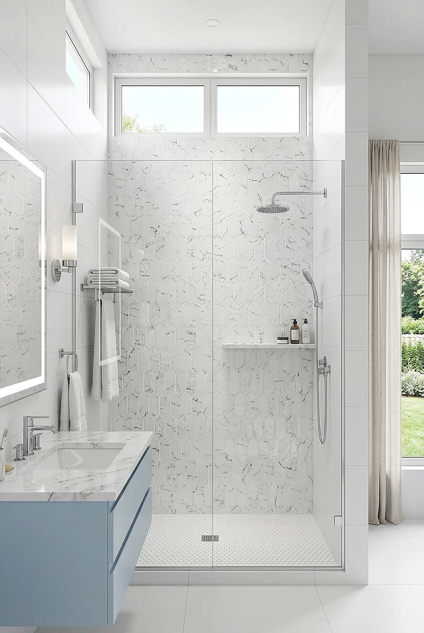 White Glass Picket Shower Wall BA5504 White Glass Picket Shower Wall BA5504