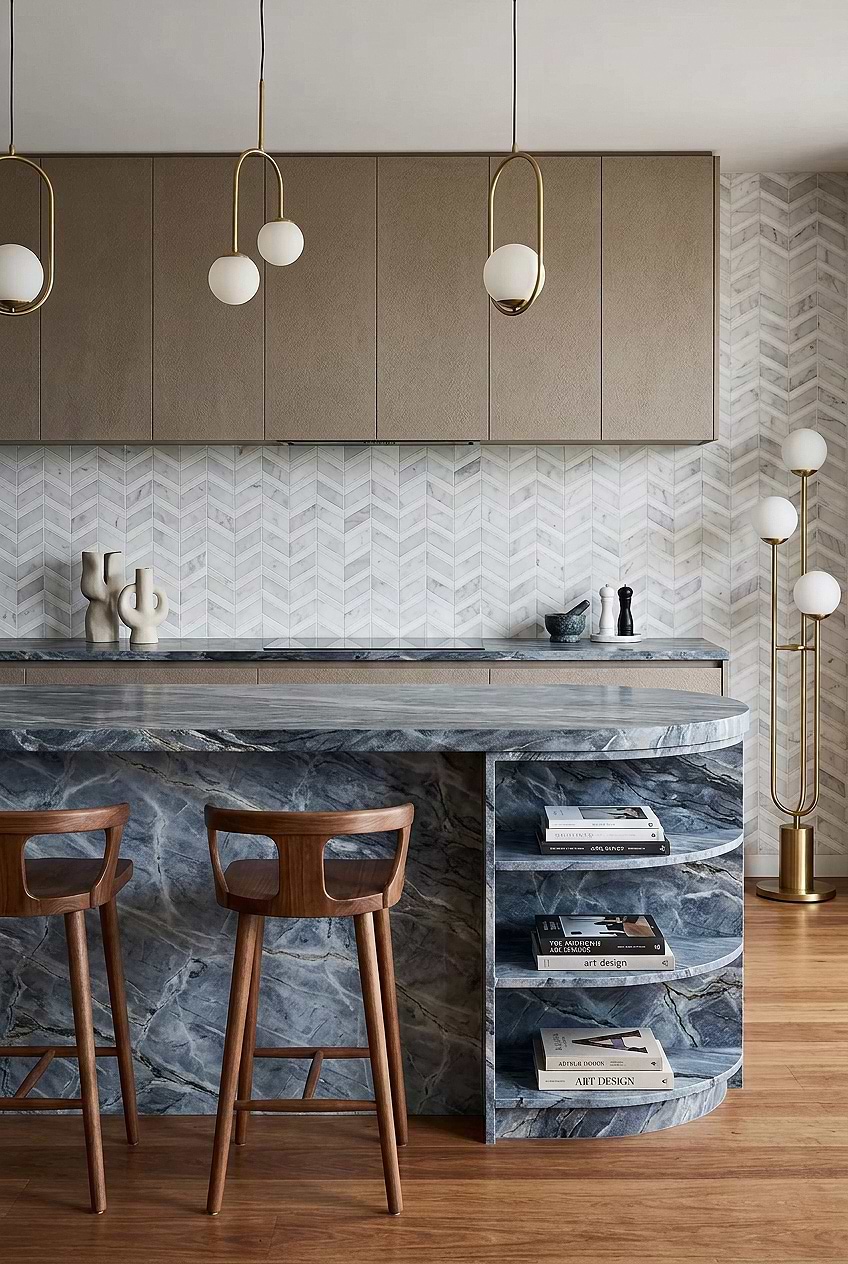 White Gray Chevron Marble Kitchen BA6311