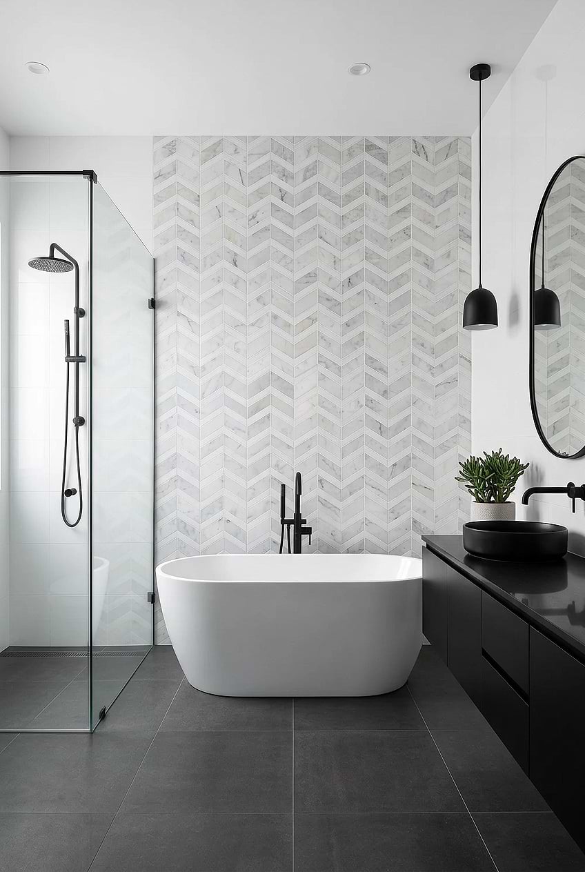White Gray Chevron Marble Shower Tile BA6311