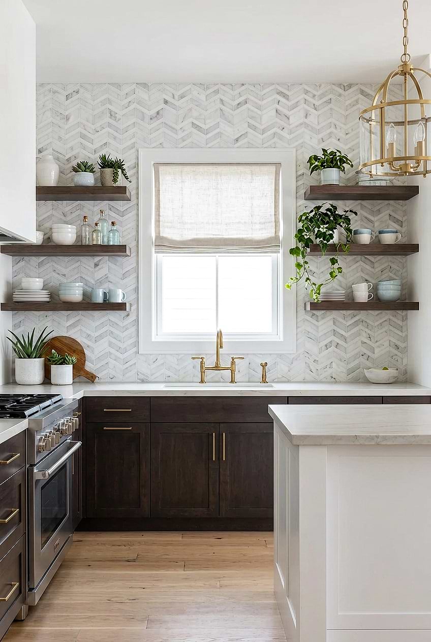 White Gray Gold Chevron Kitchen Tile BA6311
