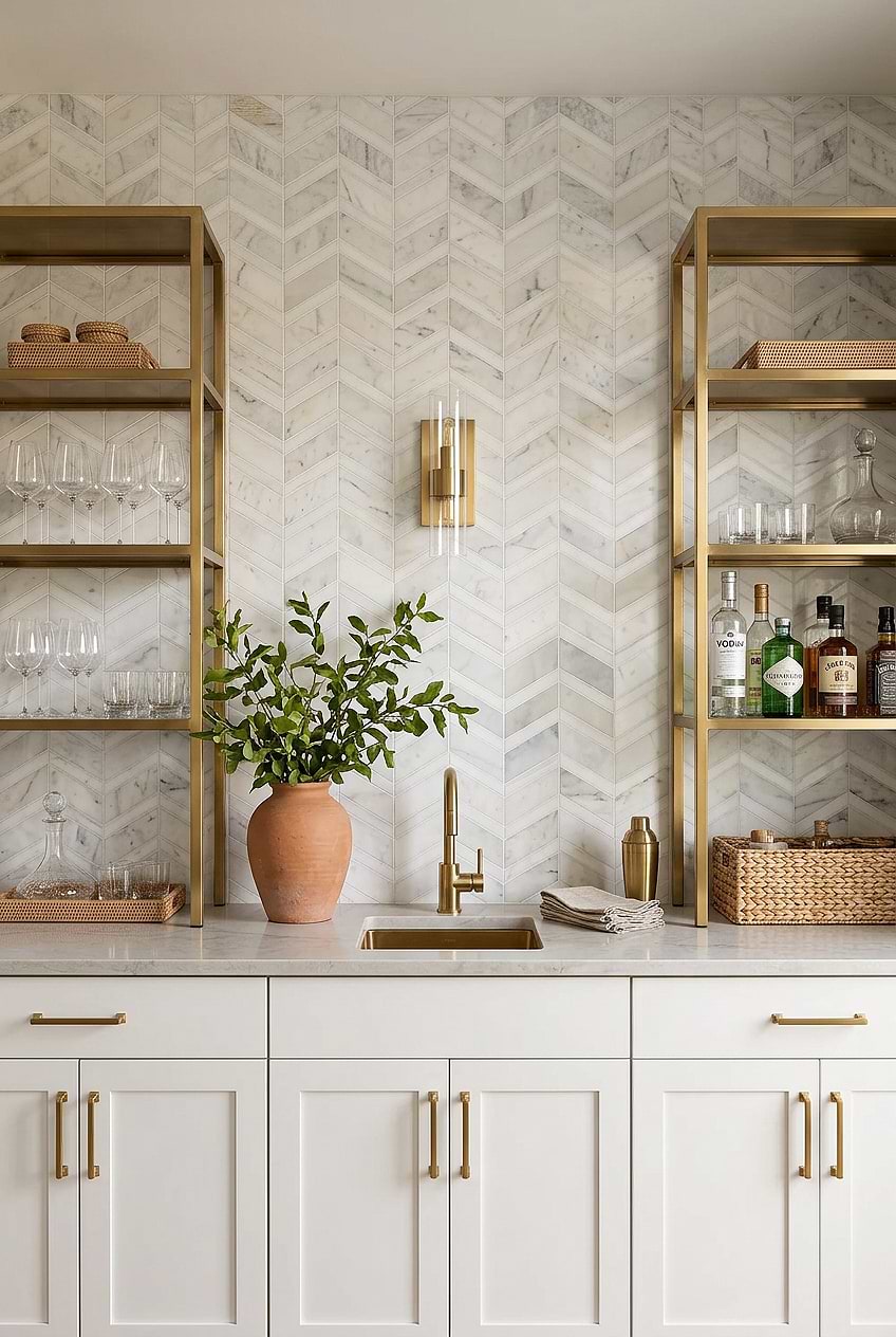 White Gray Gold Chevron Marble Backsplash BA6311