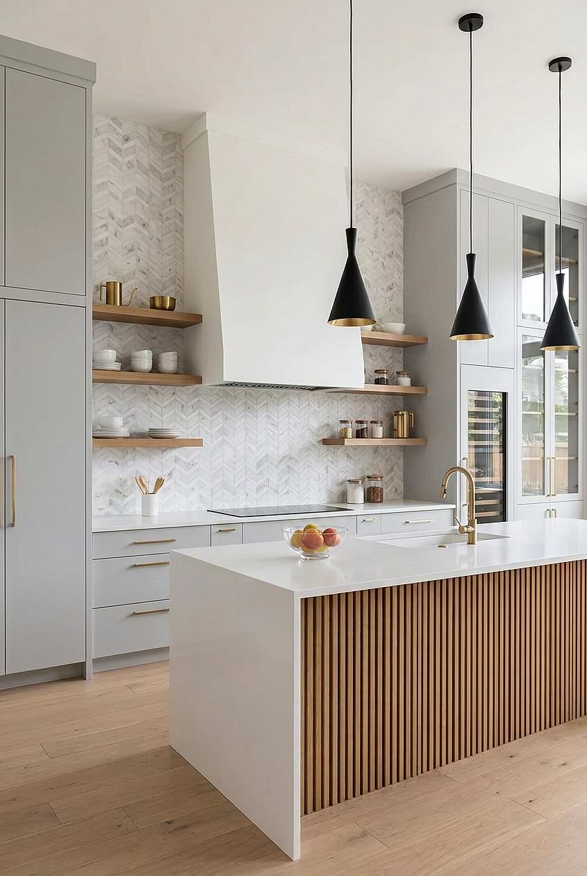 White Gray Gold Chevron Marble Kitchen BA6311