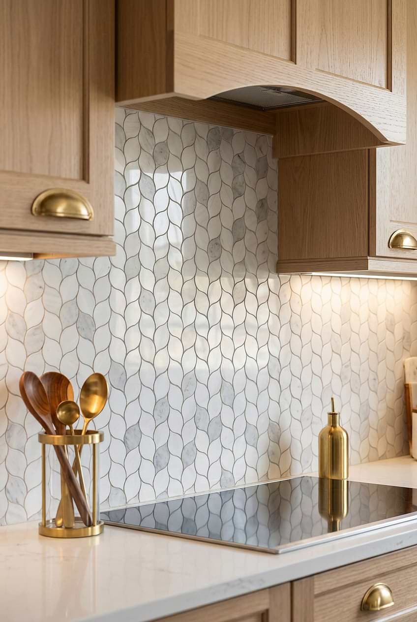 White Gray Marble Leaf Kitchen Tile BA6316