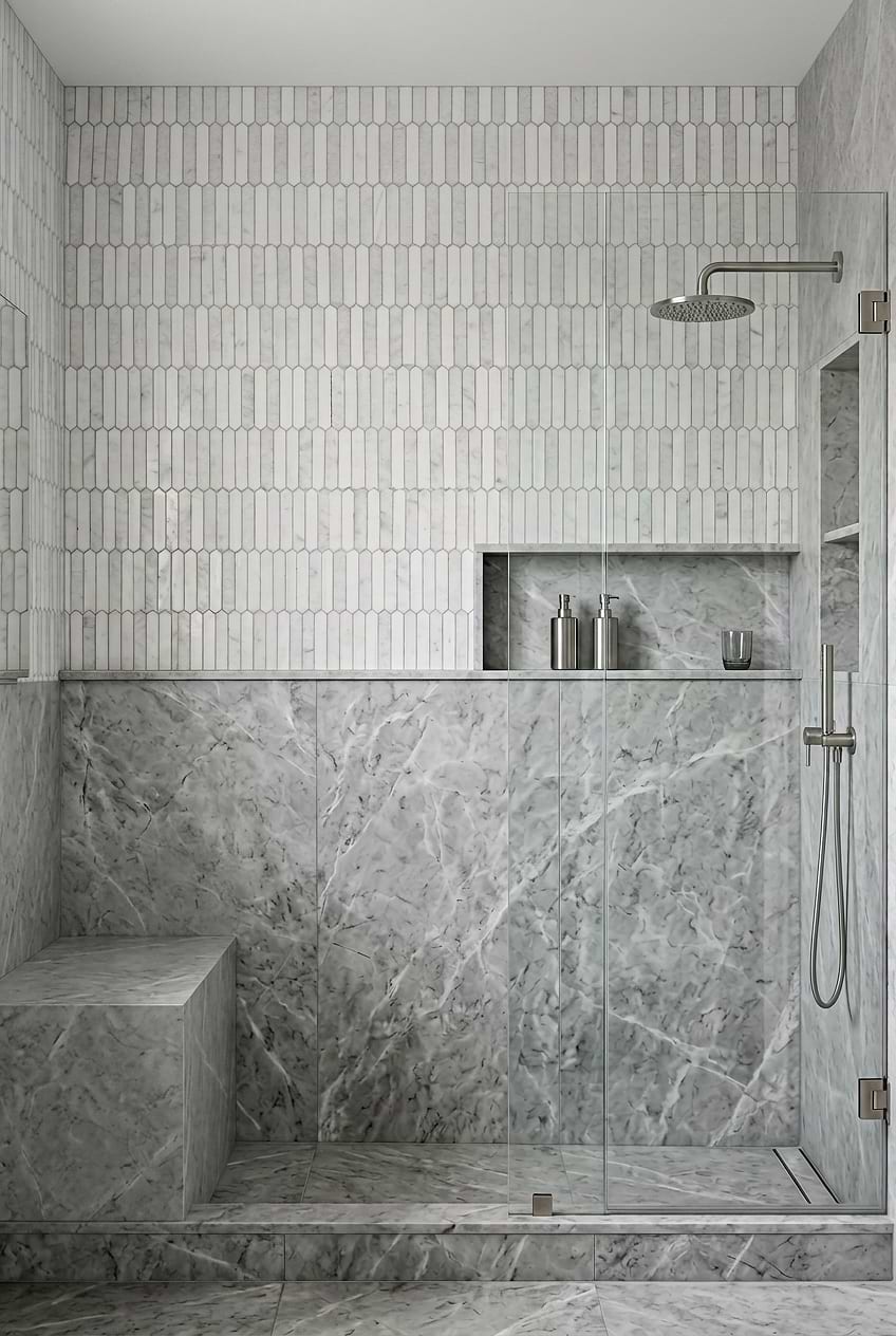White Gray Marble Picket Shower Tile BA6321 White Gray Marble Picket Shower Tile BA6321