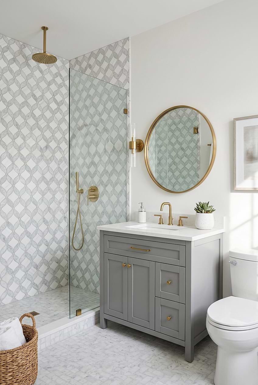 White Gray Waterjet Marble Shower Wall BA6317 White Gray Waterjet Marble Shower Wall BA6317