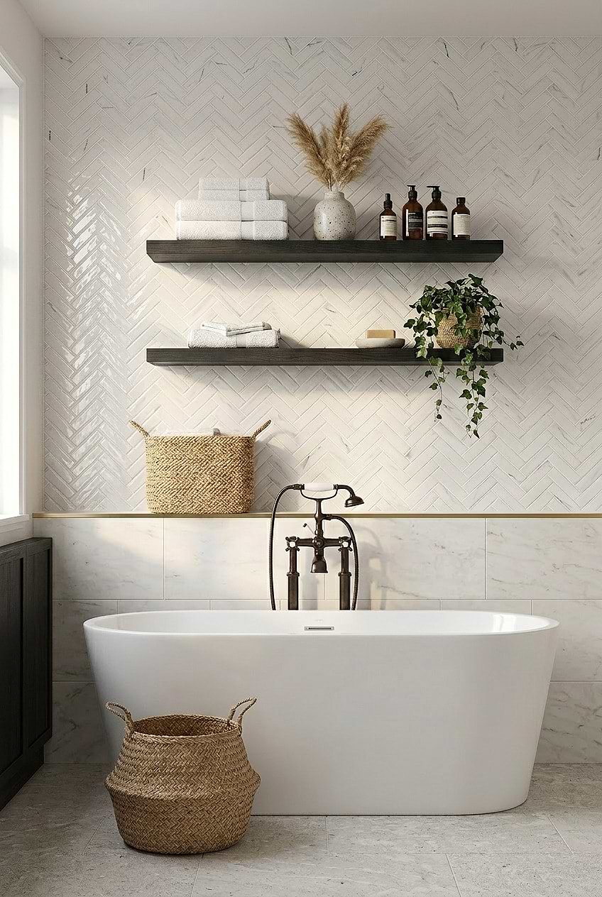 White Herringbone Glass Bathtub Wall Tile BA5503