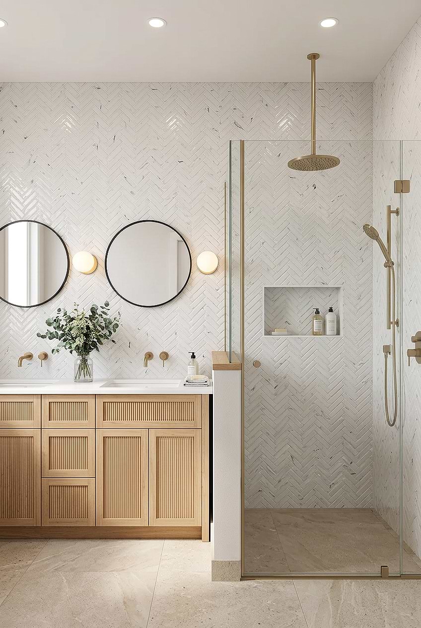 White Herringbone Glass Shower Wall BA5503