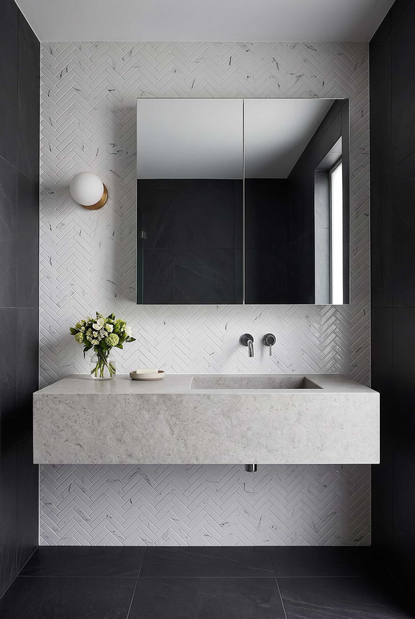 White Herringbone Marble Look Bathroom Tile BA5503