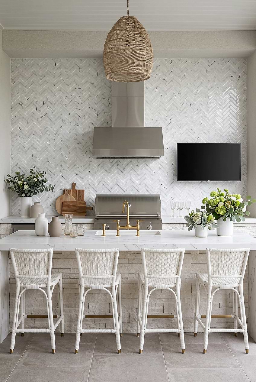 White Herringbone Outdoor Kitchen Backsplash BA5503