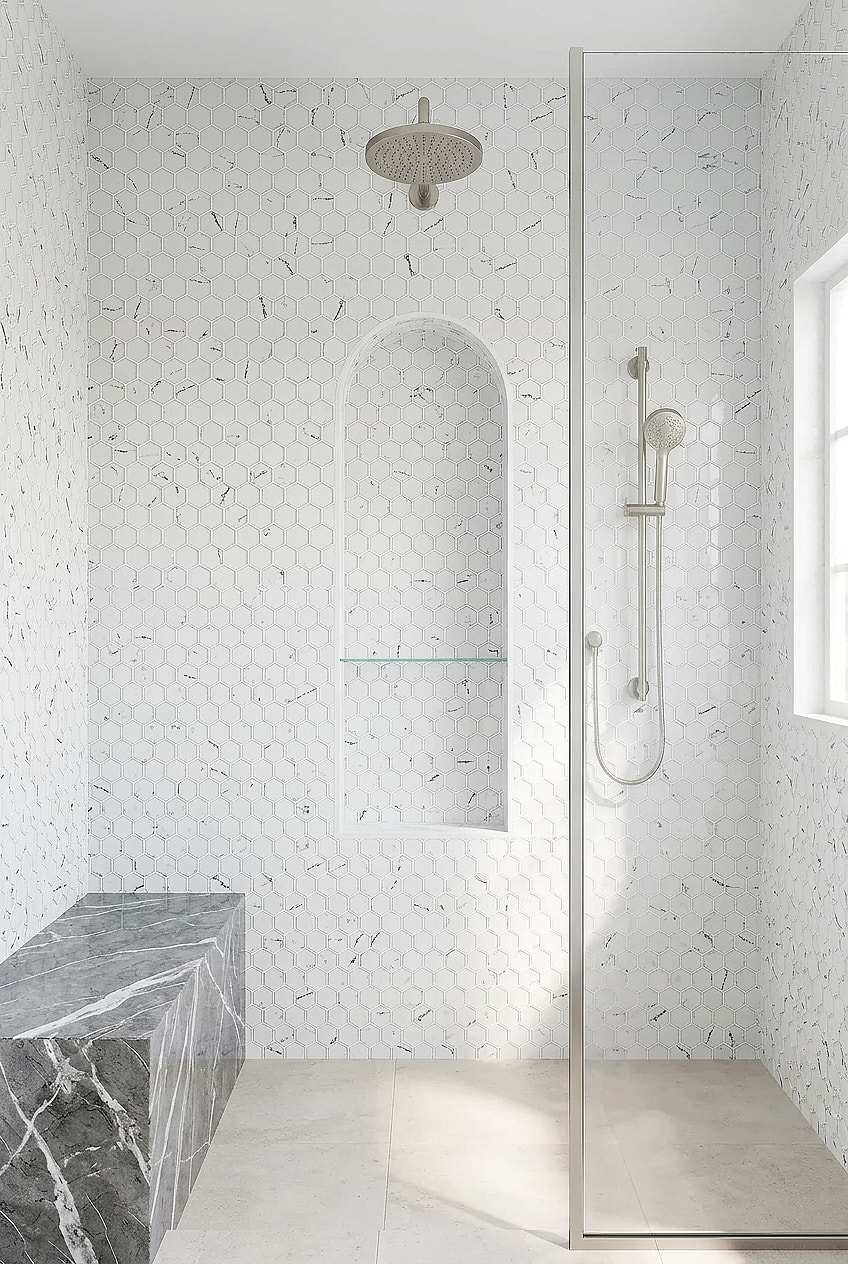 White Hexagon Marble Look Glass Shower BA5509 White Hexagon Marble Look Glass Shower BA5509