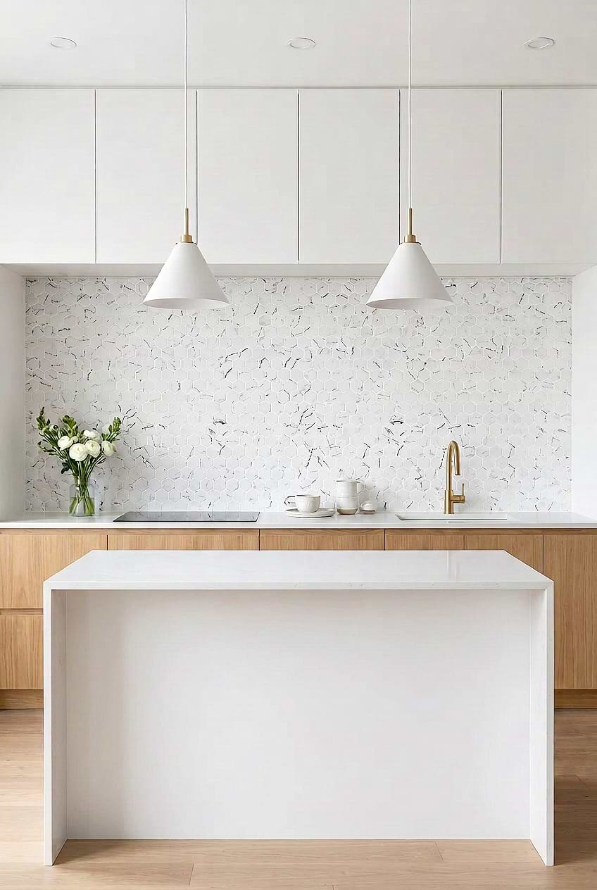 White Hexagon Marble Look Kitchen Tile BA5509