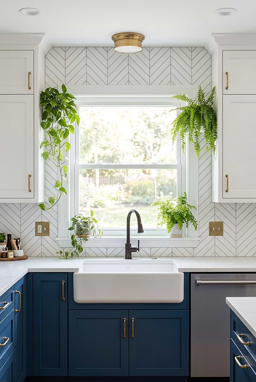 White Marble Chevron Backsplash for Navy Kitchen BA6322