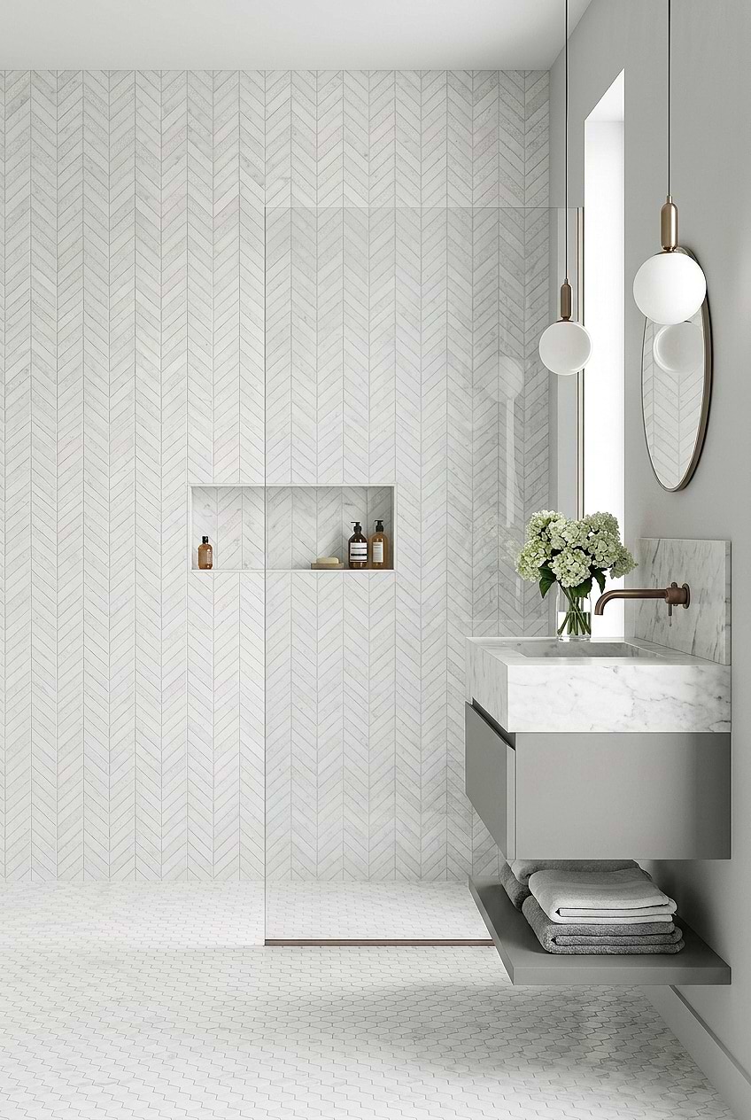 White Marble Chevron Bathroom Wall Tile BA631613 White Marble Chevron Bathroom Wall Tile BA631613