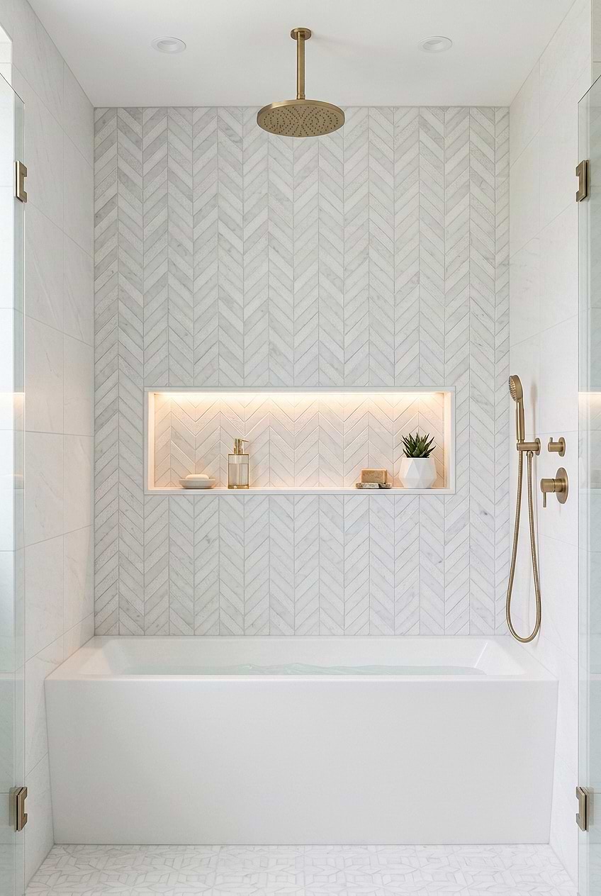 White Marble Chevron Bathtub Wall BA631613 White Marble Chevron Bathtub Wall BA631613