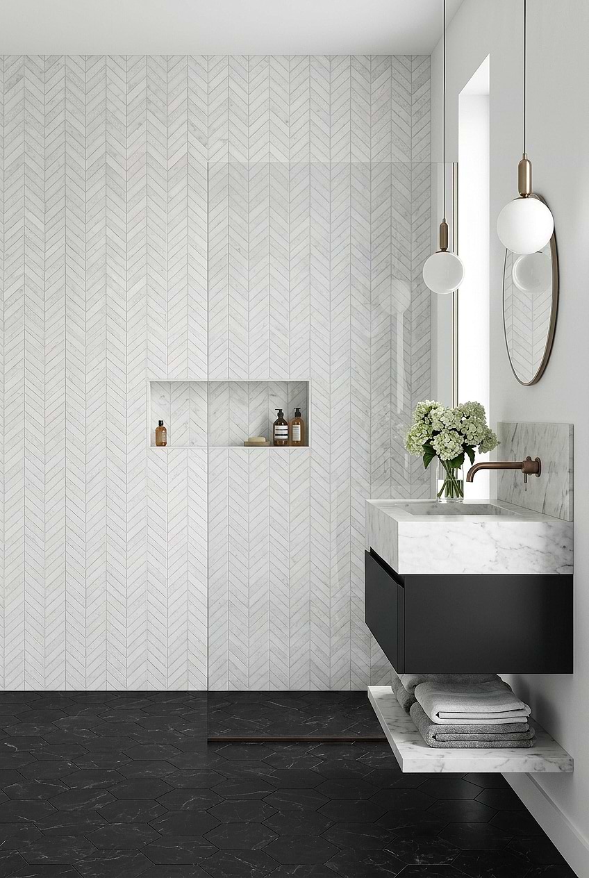 White Marble Chevron Modern Bathroom Tile BA631613