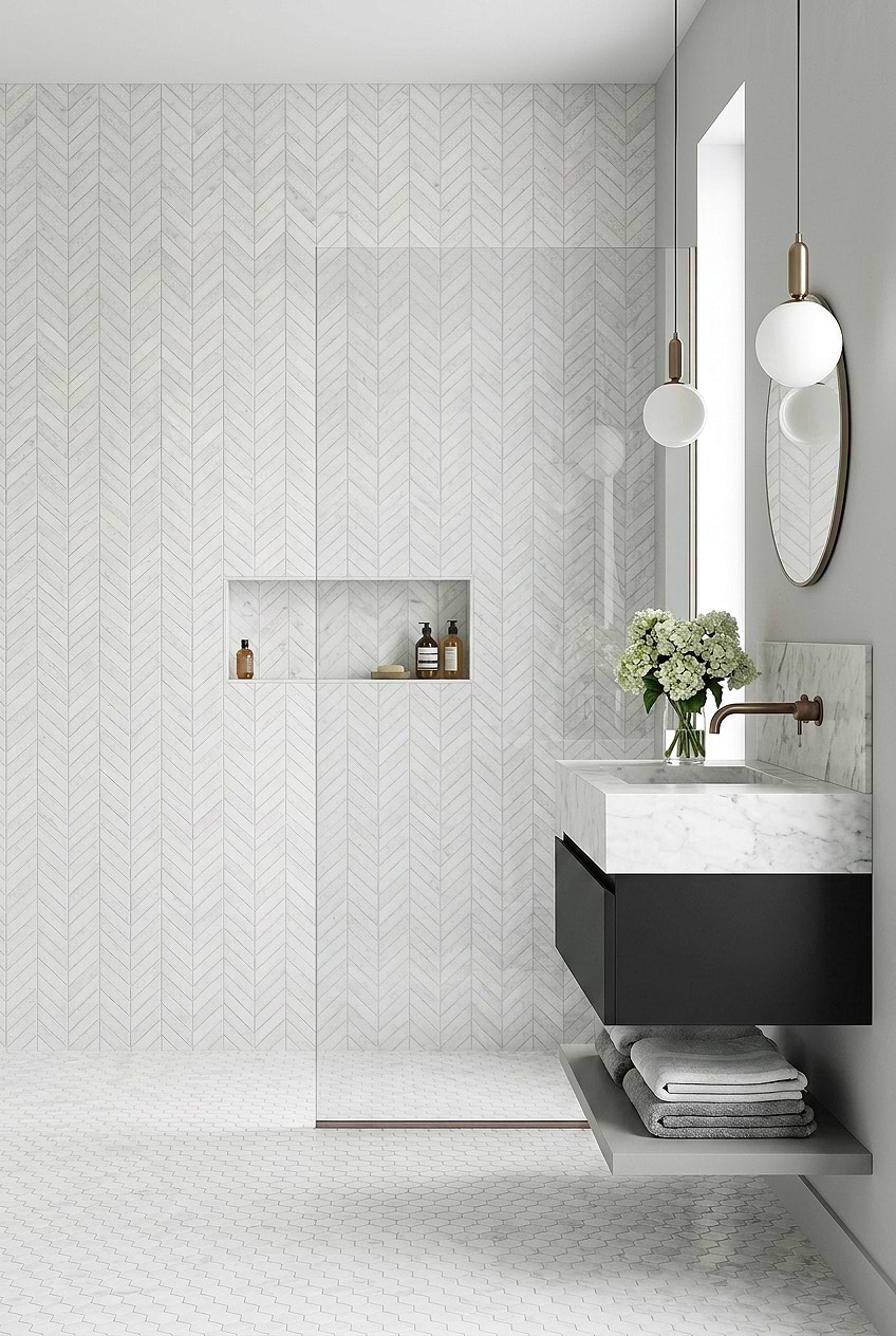 White Marble Chevron Modern Shower Design BA631613