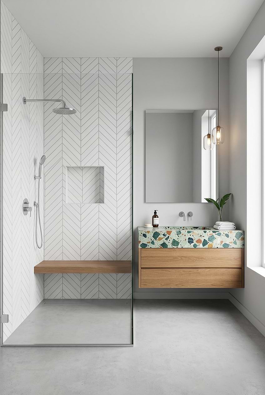White Marble Chevron Modern Shower Wall BA6322 White Marble Chevron Modern Shower Wall BA6322