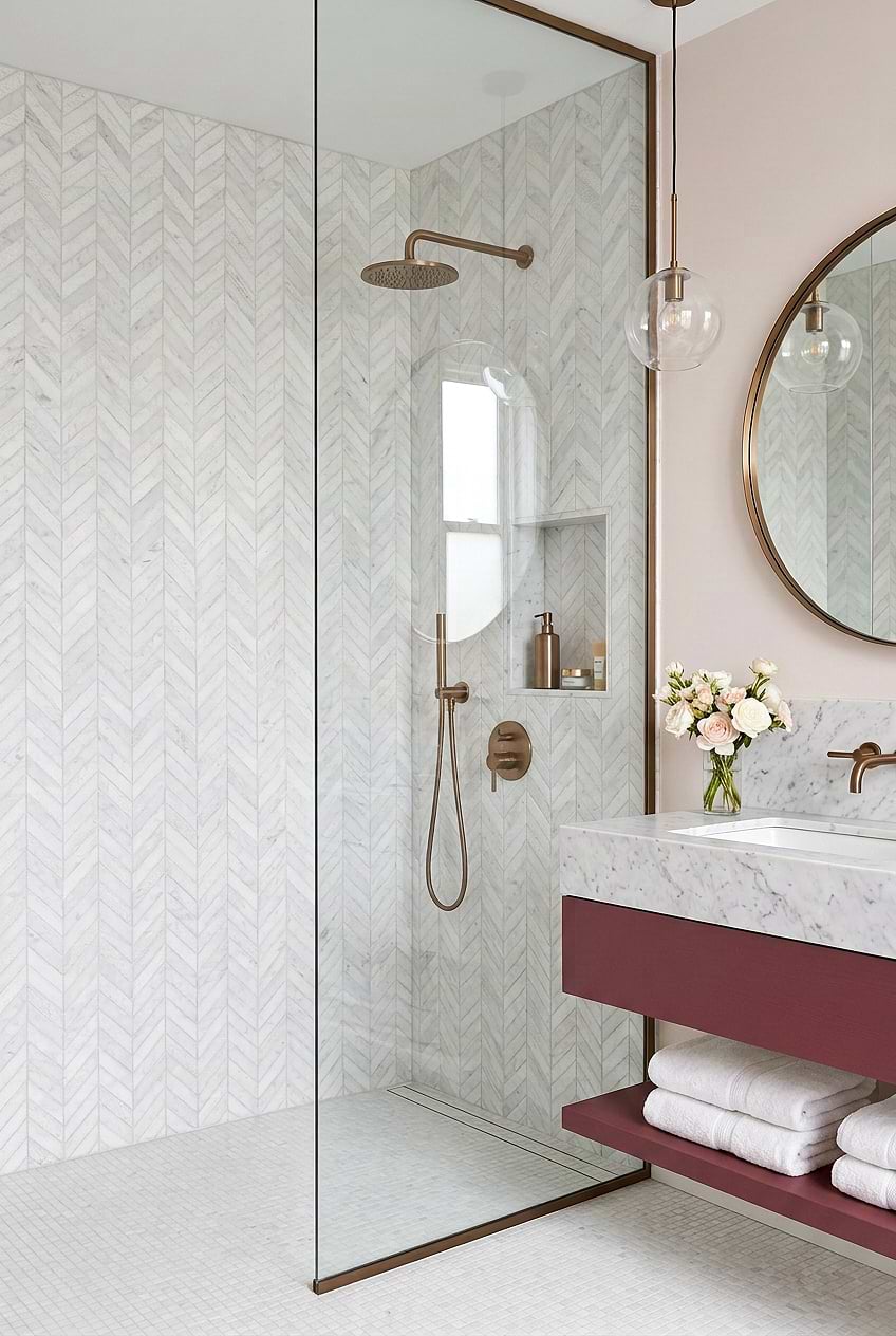 White Marble Chevron Shower Wall BA631613 White Marble Chevron Shower Wall BA631613