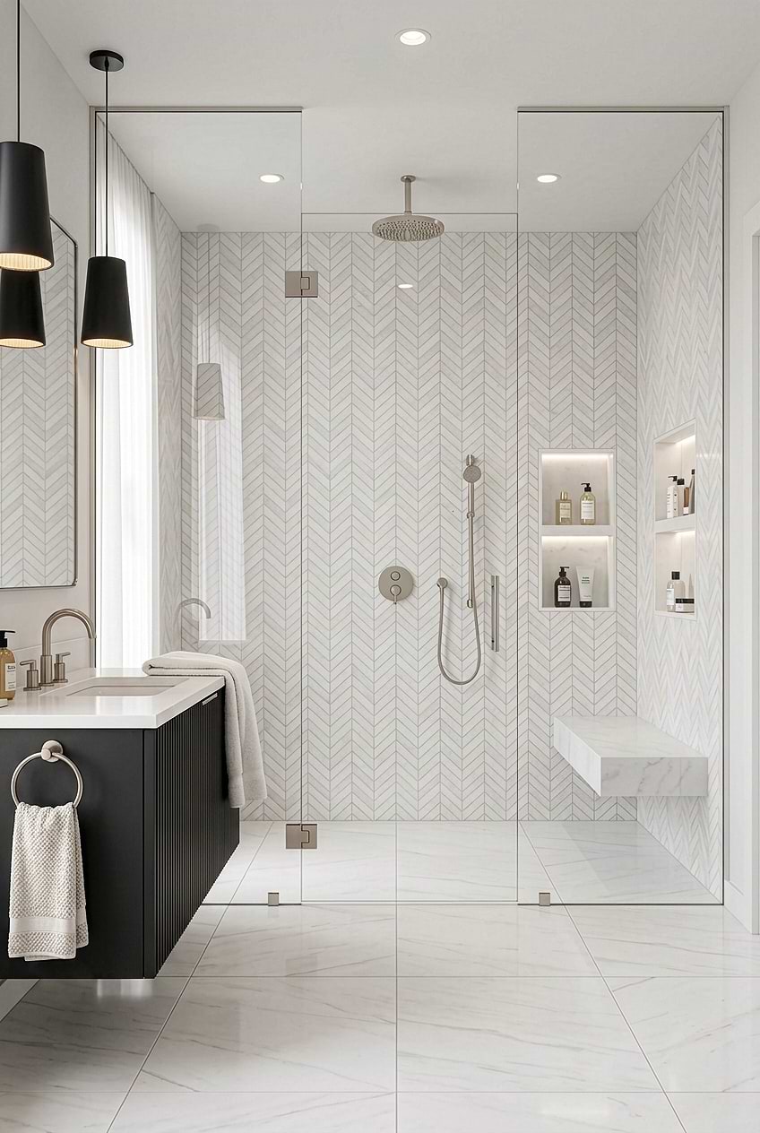 White Marble Chevron Shower Wall Tile BA631613