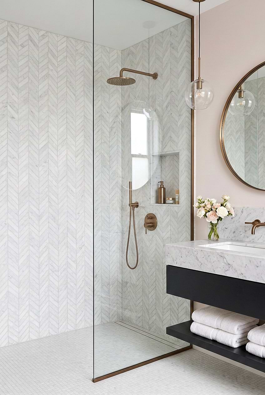White Marble Chevron Textured Bathroom Wall BA631613