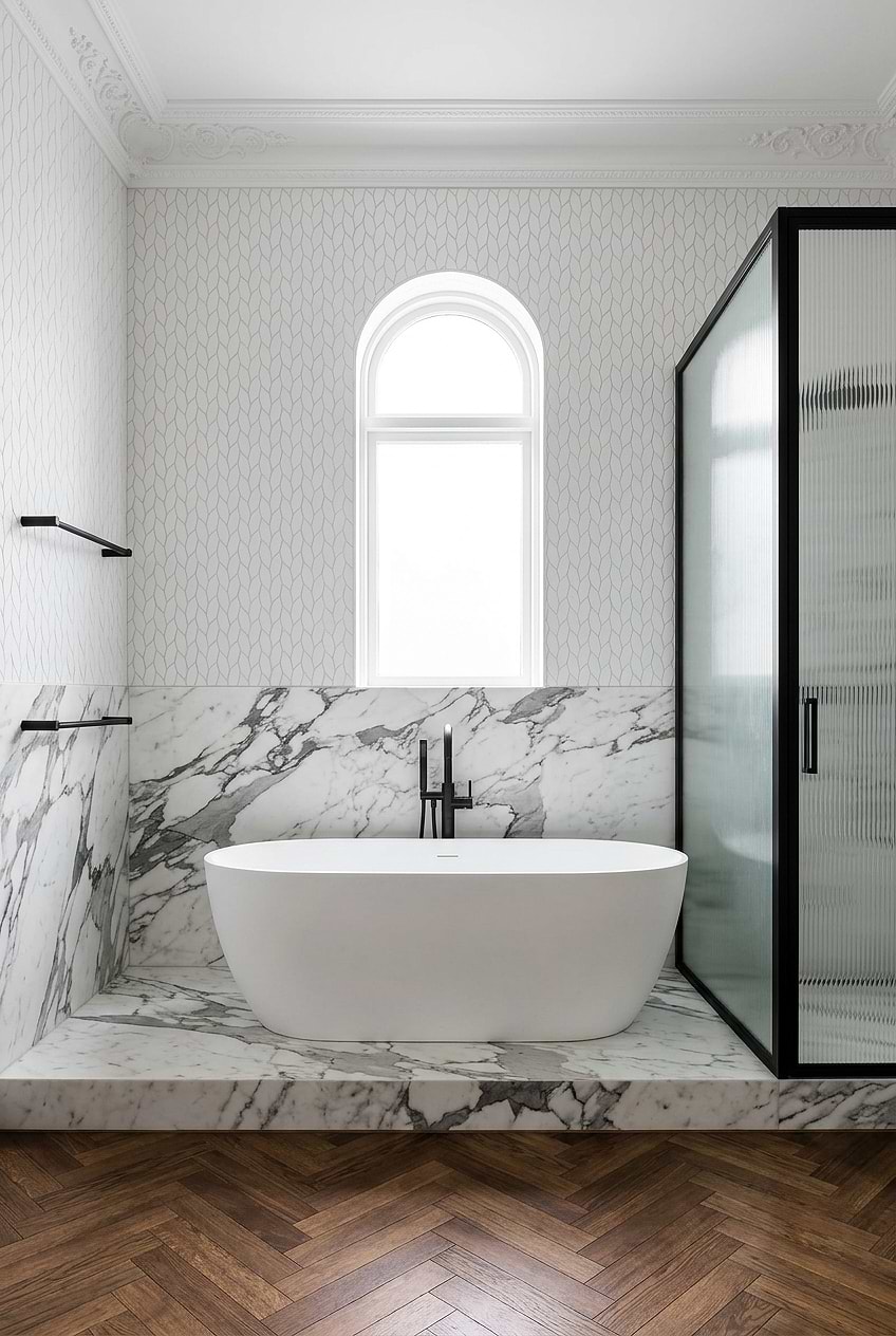 White Marble Geometric Mosaic Bathroom Wall BA6303