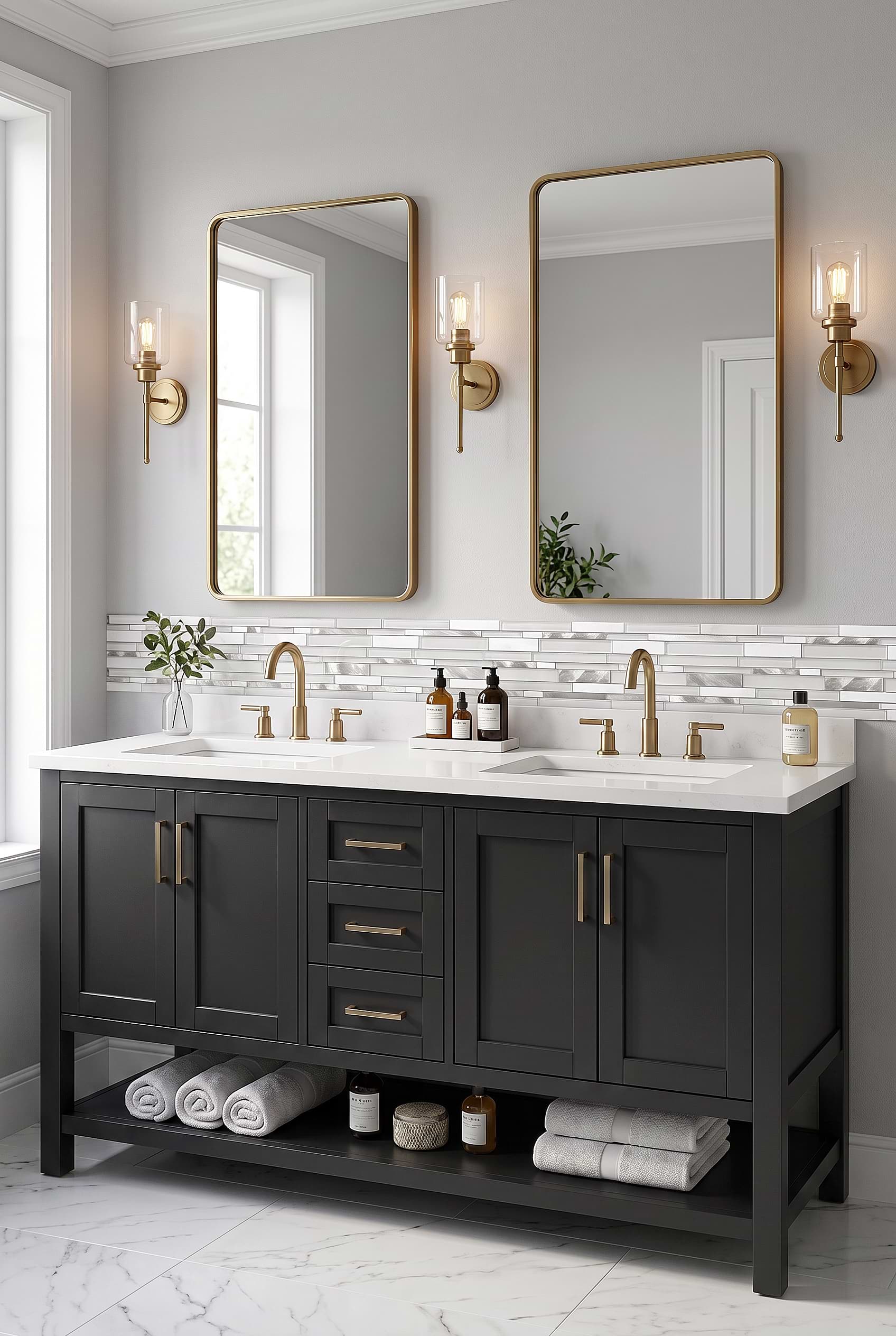 White Marble Glass Metal Vanity Mosaic BA62032