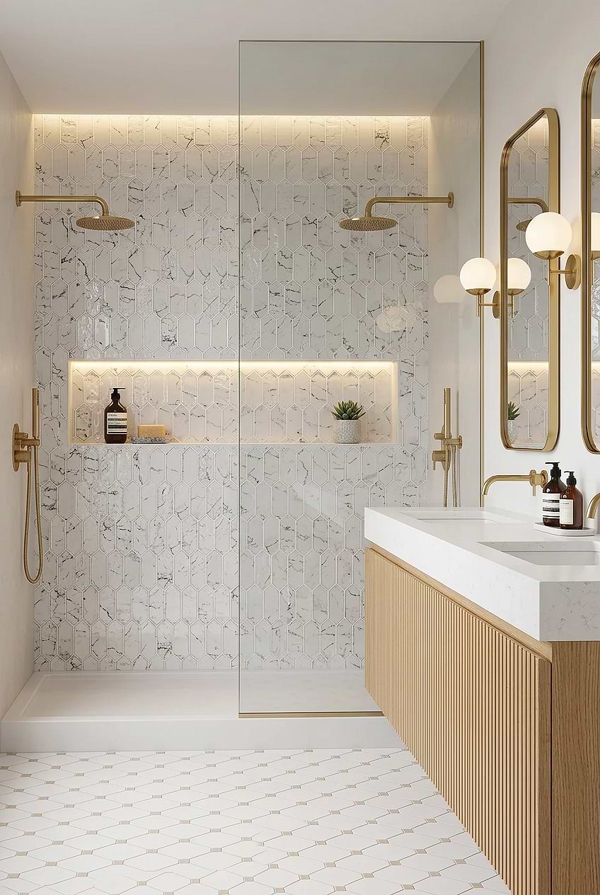 White Marble Glass Picket Shower Wall BA5504 White Marble Glass Picket Shower Wall BA5504