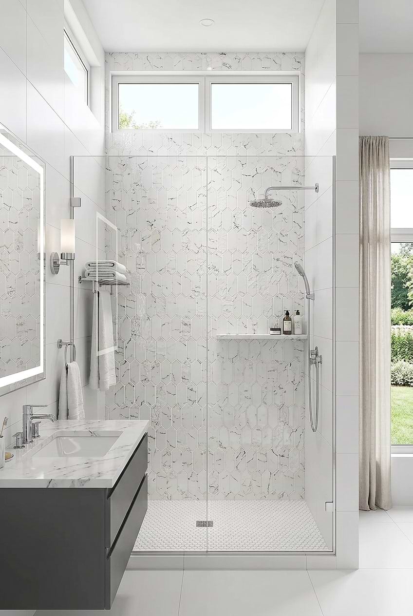 White Marble Look Picket Glass Shower Tile BA5504