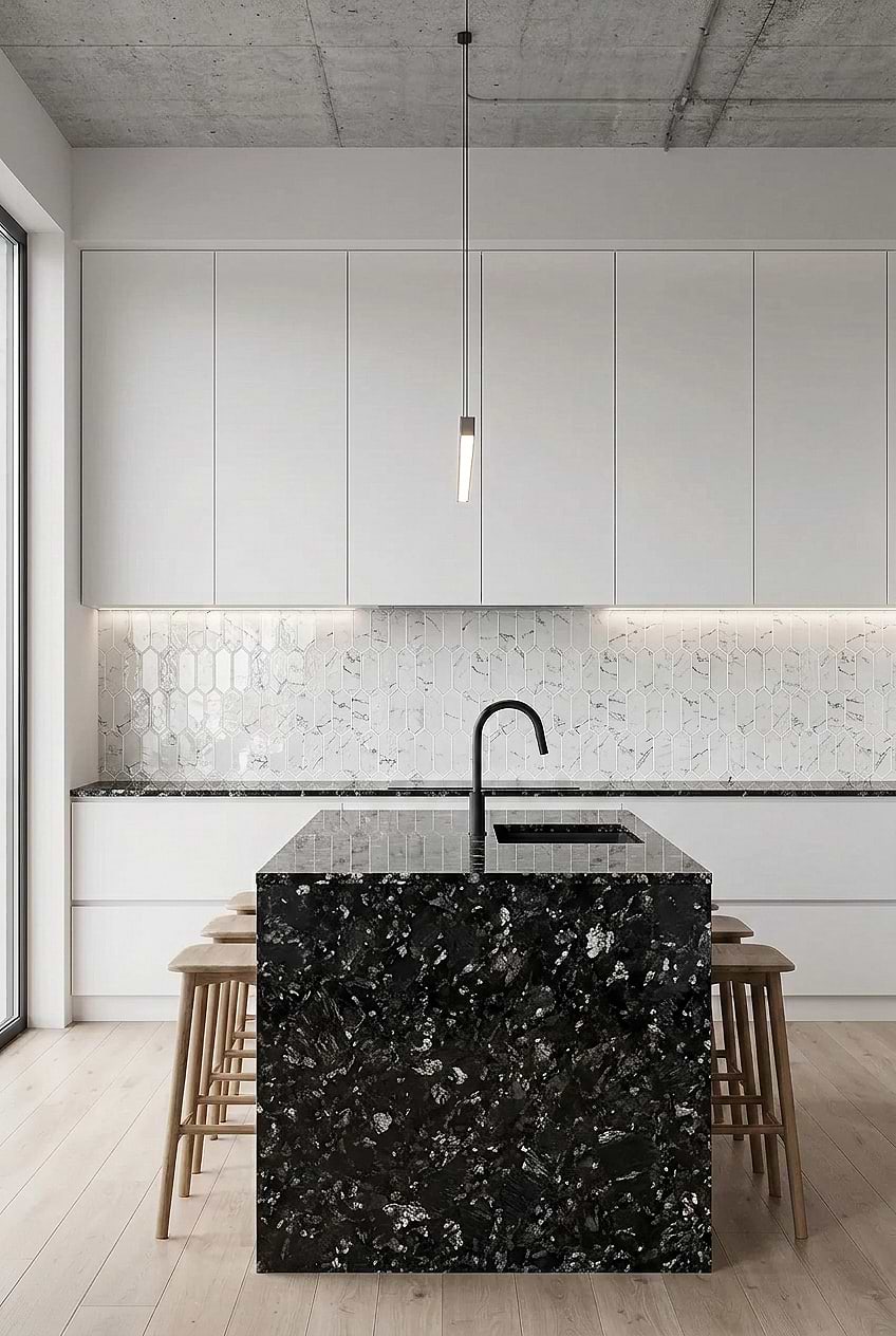 White Marble Picket Glass Kitchen Backsplash BA5504